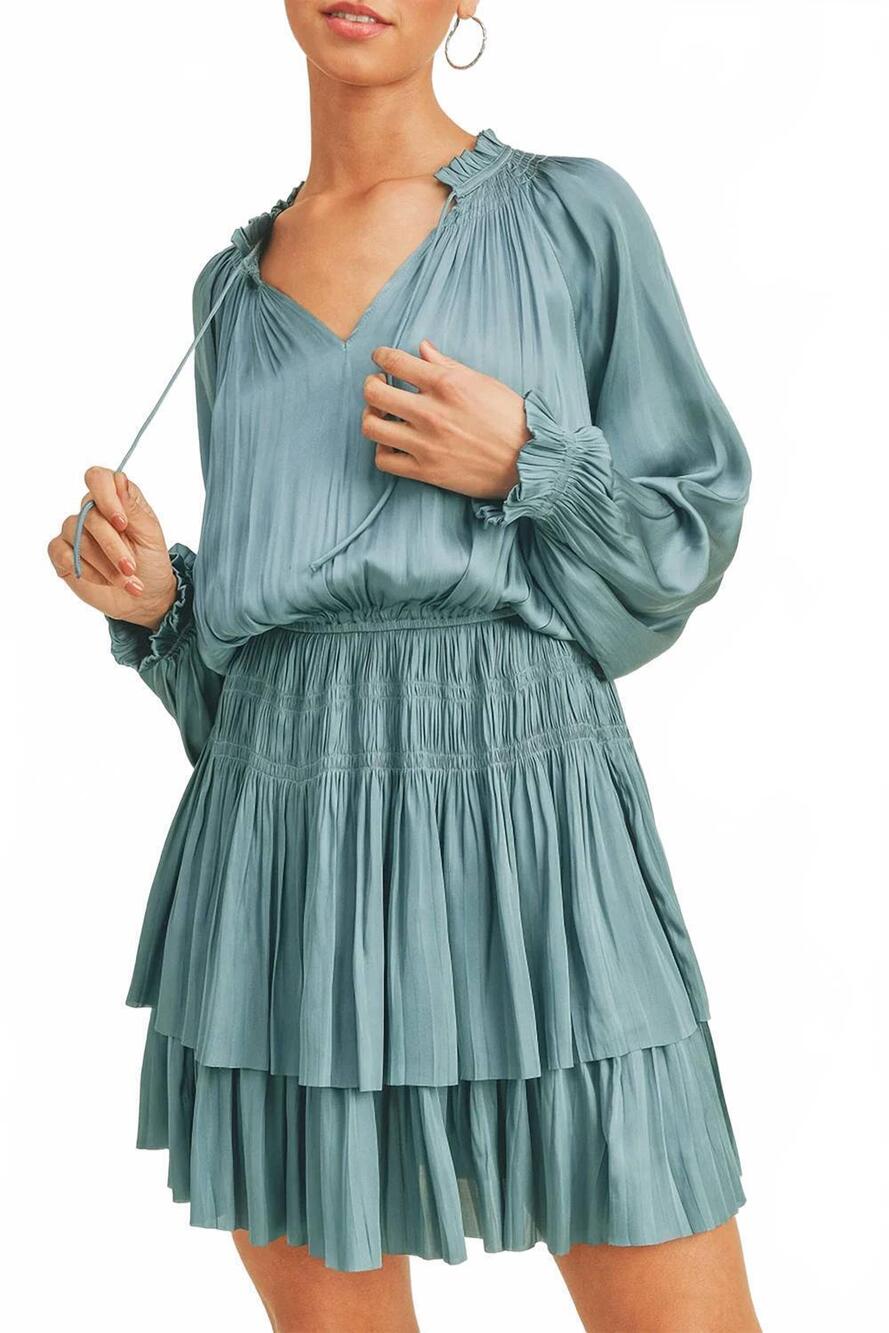 NEW RESET BY JANE flutter sleeve silky crinkle mini dress in aqua
